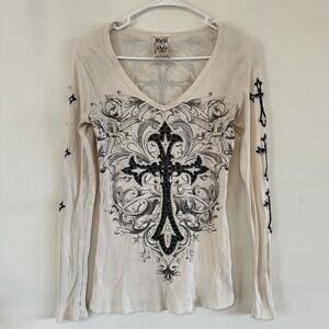 VTG Women's Vocal Long Sleeve Cream Top Embellished Cross Medium Bling Biker